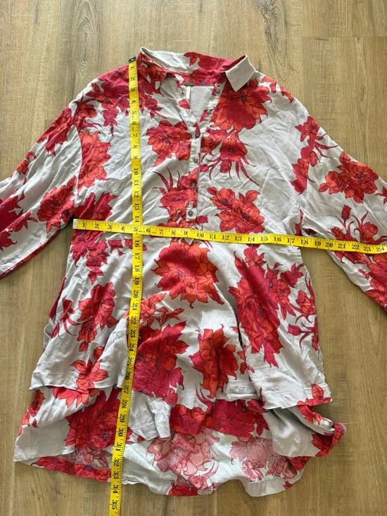 Free People Floral Long Sleeve Mini Dress Boho Grey Red OVersized XS - Picture 7 of 9